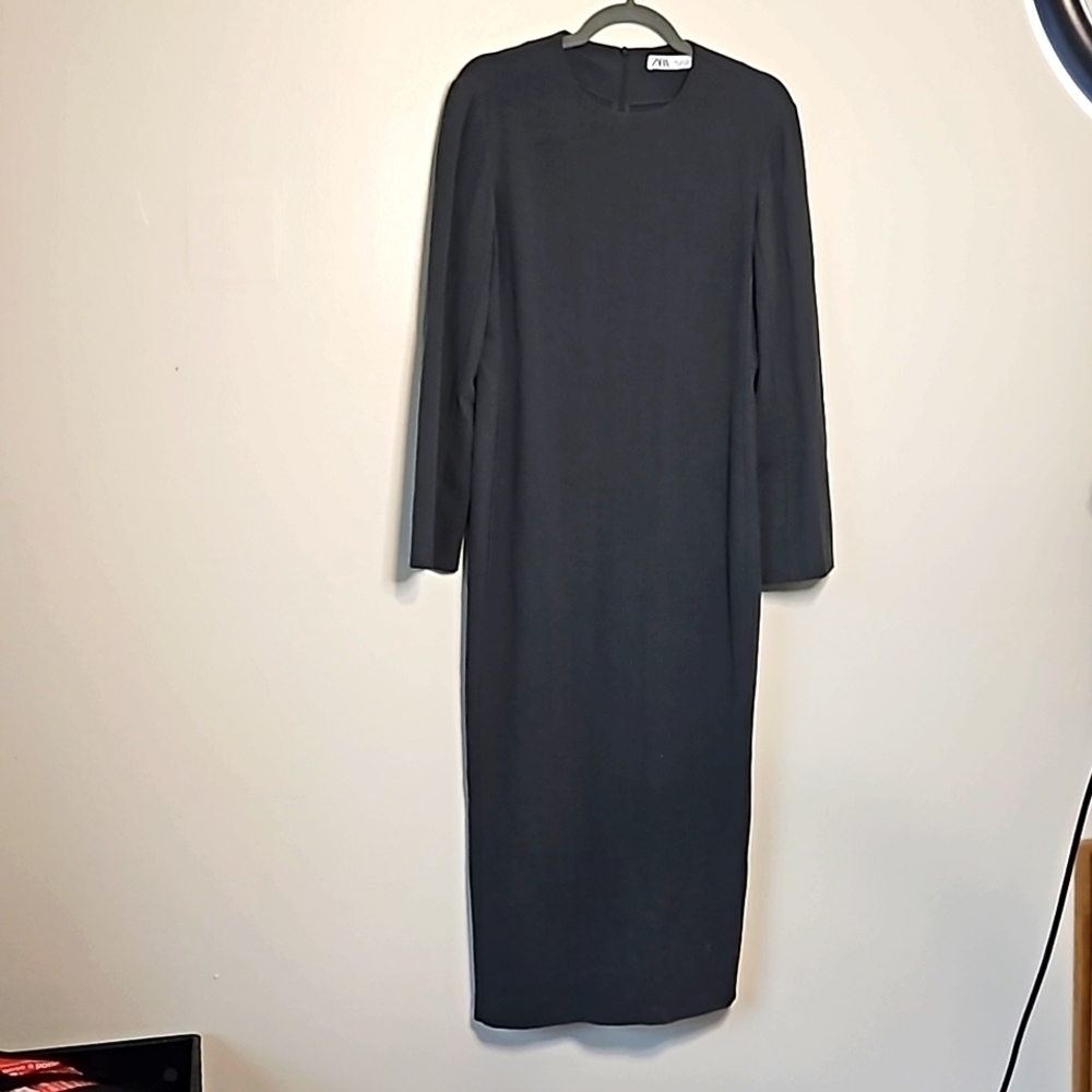 Zara Wool Maxi Sheath Dress Long Sleeve Crew Neck Small